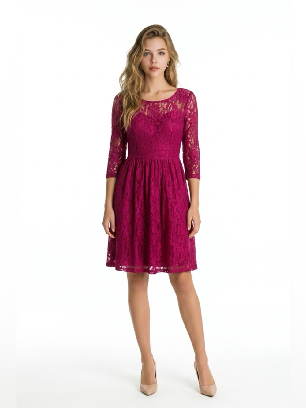 AGB Berry Floral Lace 3/4 Sleeve Midi Dress | Size 14